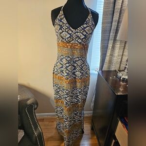Navy & Mustard Printed Halter Maxi Dress